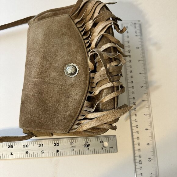 Small Tan Suede Fringe Crossbody Bag Snap Closure Womens Purse - Picture 3 of 8